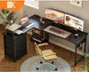 A home office setup with an L-shaped desk, computer monitors, laptop, printer, and chair. Náhled obrázku produktu