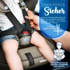 A child is secured in a car seat with a 5-point harness system, with a hand adjusting the straps. Text overlays highlight the safety features. Produktbild-Vorschau