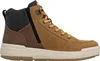 A side view of a brown high-top boot with yellow laces and a black zipper. Produktbild-Vorschau