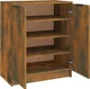 A close-up, angled shot of a wooden cabinet with open doors and multiple shelves. Podgląd zdjęcia produktu