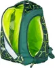 An open backpack with a green and yellow geometric pattern. Produktbild-Vorschau
