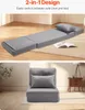A split image showing a gray sofa bed in its extended form and its folded form. Náhled obrázku produktu