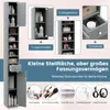 A tall, narrow bathroom cabinet shown in a grey color, with various compartments and drawers. The image also includes inset graphics highlighting features and different uses for the cabinet. Podgląd zdjęcia produktu