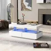 A modern white coffee table with blue LED lighting is showcased in a living room setting. Voir les images du produit