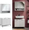 A collage showing a white bathroom vanity set with a medicine cabinet and a vanity cabinet with a sink. Produktbild-Vorschau