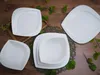 A collection of white ceramic plates arranged on a wooden surface with green foliage. Náhľad obrázku produktu