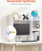 A white desk with a monitor, keyboard, and a bookshelf unit on top. The bookshelf contains decorative items and books. A close-up inset shows an anti-tip device. Produktbild-Vorschau