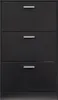 A front view of a black shoe cabinet with three flip-down doors. Produktbild-Vorschau