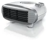 A white and silver electric heater is shown on a white reflective surface. Produktbild-Vorschau