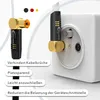 A close-up of a right-angle coaxial cable connector plugged into a wall socket, with feature callouts. Produktbild-Vorschau