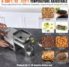 A stainless steel oil press machine is shown on a countertop, with various seeds and nuts displayed in small images around it, along with text describing its features and temperature adjustability. Produktbild-Vorschau