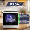 A countertop dishwasher is shown in a kitchen setting with promotional text and feature callouts. Produktbild-Vorschau