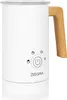 A white milk frother with a wooden handle is shown against a white background. It has control buttons and the brand name printed on it. Produktbild-Vorschau