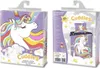 Two sides of a product package for a bed set, featuring a unicorn and rainbow design. Náhľad obrázku produktu
