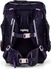 The back of a purple backpack with white polka dots and pink buckles. Produktbild-Vorschau