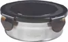 A round stainless steel food container with a black lid and silver clasps. Náhled obrázku produktu