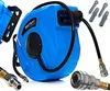 A blue self-retracting air hose reel with accessories, including screws and wall plugs, is displayed against a white background. Náhled obrázku produktu