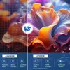 A split image comparing two projectors, with one side showing a pixelated image and the other showing a vibrant, detailed image. Below each image are feature comparisons. Produktbild-Vorschau