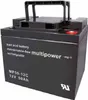 A black lead-acid battery with a black handle on top, set against a white background. Voir les images du produit