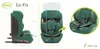 A collage of images showing a green car seat from different angles and with dimensions indicated. Podgląd zdjęcia produktu