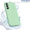 A light green phone case is shown with water splashing around it, suggesting water resistance. Text in German indicates 'Liquid-repellent surface'. Produktbild-Vorschau