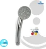 A chrome-plated hand shower with various colored gaskets shown next to it, against a white and light gray background. Produktbild-Vorschau