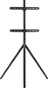 A black metal TV stand with a tripod base and two horizontal shelves. Podgląd zdjęcia produktu