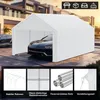 A white carport tent with a car inside, set in a modern driveway with a house in the background. The bottom of the image shows close-up details of the tent's construction. Náhled obrázku produktu