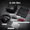 The image shows the contents of a product box, including headphones, cables, a carrying pouch, and a manual. Produktbild-Vorschau