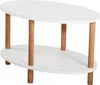 A white oval coffee table with wooden legs is shown against a white background. Voir les images du produit