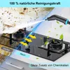 A split image showing a dirty stove top on the left being cleaned by a steam cleaner, and a clean stove top on the right. Green leaves are scattered around the clean stove top. Produktbild-Vorschau