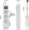 Multiple views of a white power strip with three outlets and two USB ports, along with measurement indicators. Produktbild-Vorschau