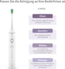 A white electric toothbrush is shown next to a list of its four cleaning modes: Clean, Sensitive, Whiten, and Massage, with descriptions for each mode. Anteprima dell’immagine prodotto