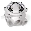 A white pool filter valve with multiple threaded pipe connections and a central handle with function labels. Produktbild-Vorschau