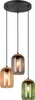 A multi-colored pendant light fixture with three glass shades hanging from a black circular base. Podgląd zdjęcia produktu