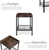 A close-up and a mid-shot of a side table with a wooden top and metal frame, along with descriptive text. Produktbild-Vorschau
