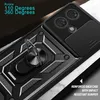Close-up of a black phone case with a ring stand and camera slider. Produktbild-Vorschau