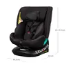 A black car seat is shown from a three-quarter angle on a white background, with dimensions indicated by lines and text. Produktbild-Vorschau