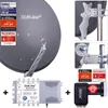 A collage of images showing a satellite dish, a satellite receiver, and an LNB. Produktbild-Vorschau