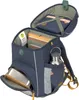 An open navy blue backpack with books, a water bottle, and a metal container inside. Voir les images du produit