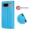 A blue flip case for a Google Pixel 8A phone is shown, with a close-up of the magnetic closure mechanism. Produktbild-Vorschau