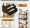 A product image showcasing a shelf unit with drawers and open shelves, with text overlays highlighting features. Podgląd zdjęcia produktu