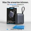 A Voomy P610 power bank and its packaging are displayed, along with a brochure and an airplane icon indicating it's allowed on flights. Produktbild-Vorschau