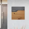 A modern mailbox with a wood-grain finish is mounted on a textured white wall next to a gray door. Produktbild-Vorschau