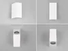 A collage of four images showing a white outdoor wall light from different angles. Produktbild-Vorschau