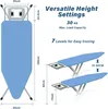 Diagrams and text illustrating the features and dimensions of an ironing board. Produktbild-Vorschau