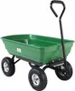 A green garden cart with black handle and wheels, isolated on a white background. Produktbild-Vorschau