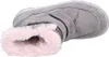 A close-up view of a gray boot with pink fur lining. Voir les images du produit