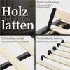 A collage of four images showcasing different features of a bed frame, including text descriptions. Produktbild-Vorschau