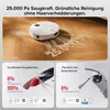 A white robot vacuum cleaner is shown on a wooden floor, cleaning up debris. Below are close-ups of two different brush types. Produktbild-Vorschau